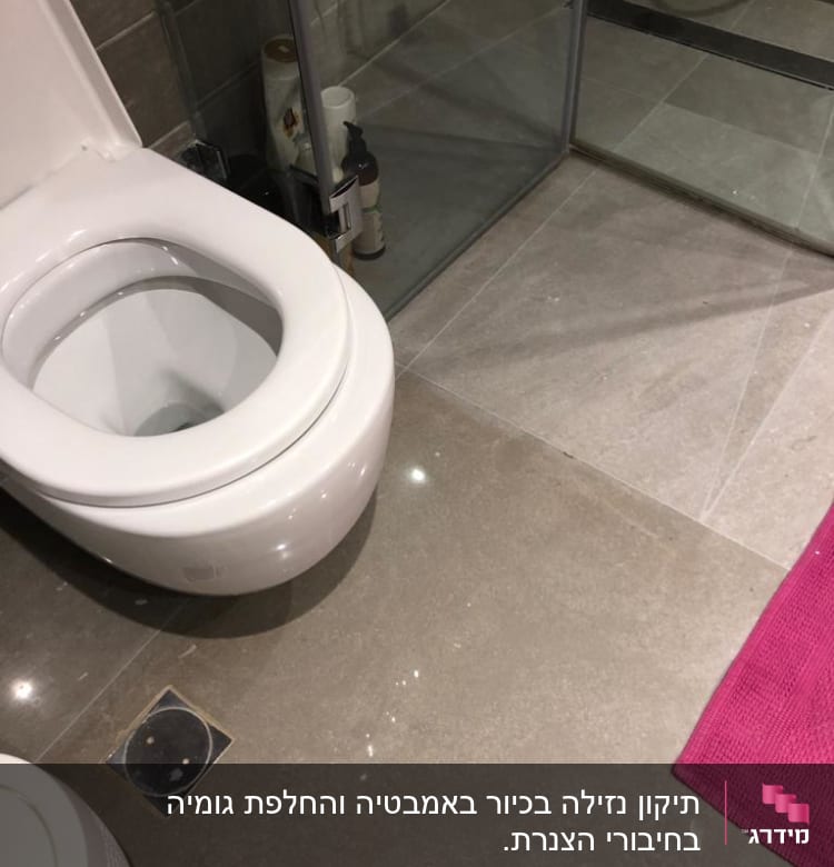 אסלה, רצפה, ניקוז, מקלחת, מגבת ורודה